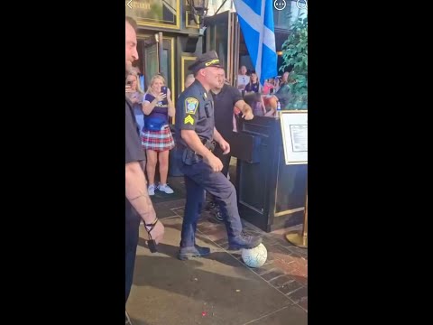 Boston police officer amazes Scotland fans with keepy up skills outside pub