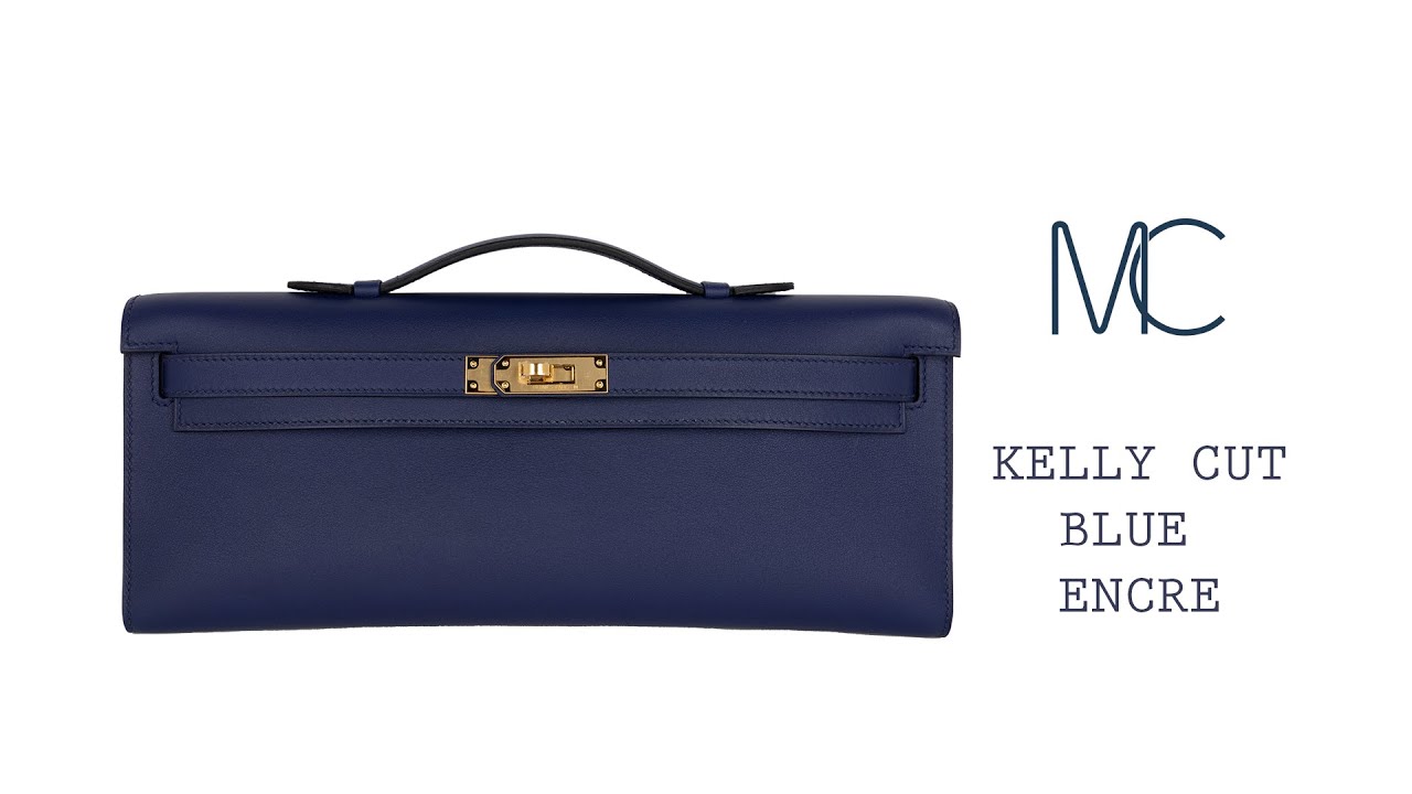 Hermes Kelly Cut Bag Blue Encre Clutch Swift Gold Hardware • MIGHTYCHIC • 
