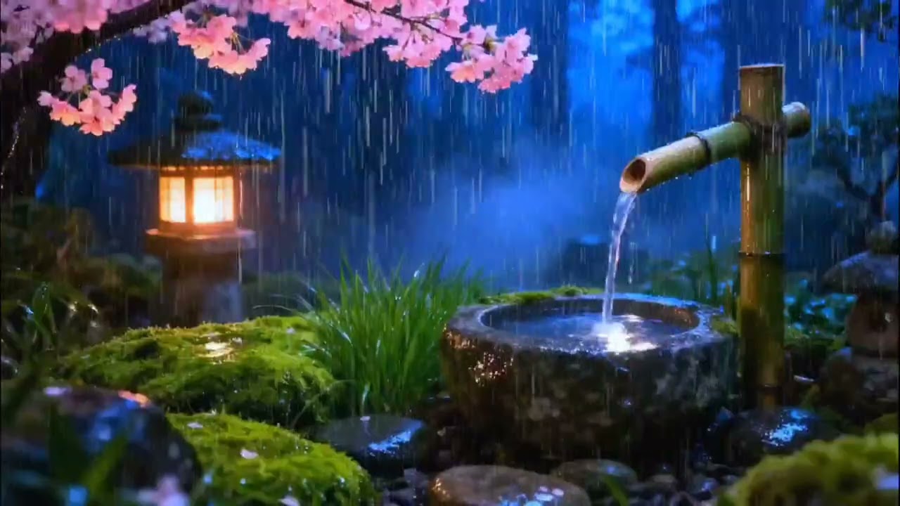 Gentle Night Rain and Peaceful Piano in a Zen Garden | Restful Calm