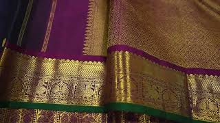 Navy Blue with Magenta Borders and Emerald Green Selvedge Vintage Kanjivaram Silk Saree SS8925