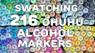 swatching the BIGGEST ohuhu brush marker set yet 216 alcohol markers