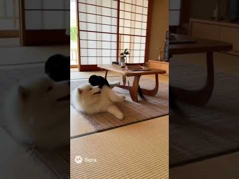 戯れるサモエドと黒猫