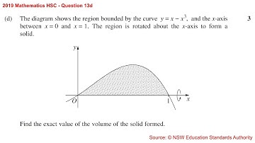 2019 Maths 2u HSC Q13d Find volume of solid of revolution of curve y=x-x³ about x-axis