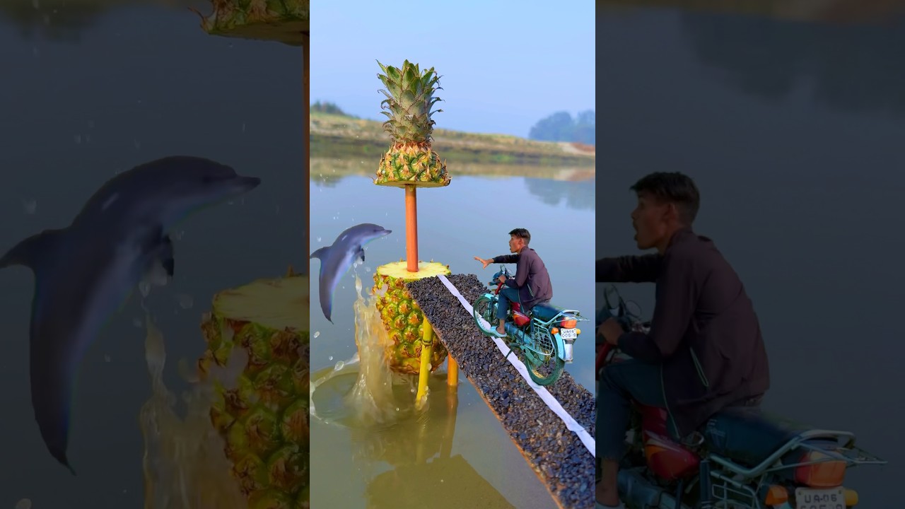 Creative pineapple 🍍 in river, bike riding 