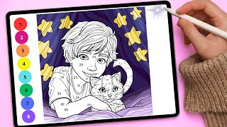 Green-Eyed Boy with Green-Eyed Kitten. Coloring Page By Numbers