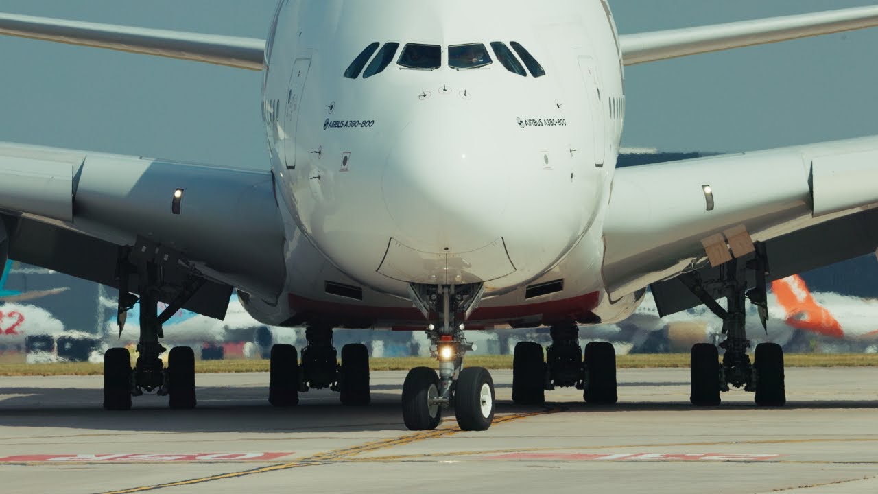 King of Skies Airbus A380 Powerfull takeoff from Manchester Airport