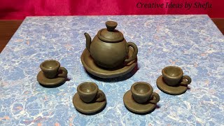 Wow amazing technique make handmade miniature tea pot & tea cup set with clay