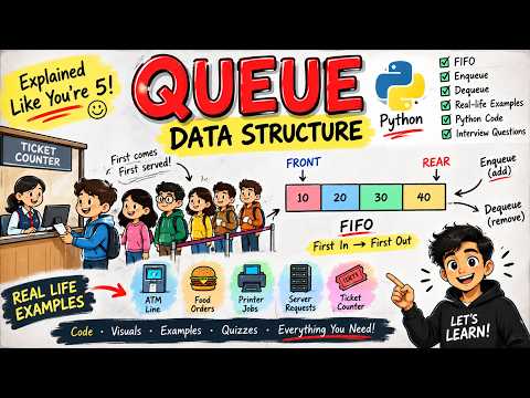 Queue Data Structure Explained Like You're 5 🚀 | FIFO, Enqueue, Dequeue & Python