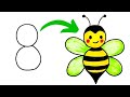 How to draw a cute honey bee from number 8  easy cute bee drawing step by step for kids suchonart