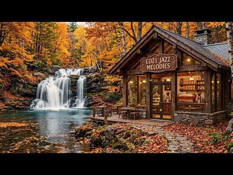 Autumn Waterfall Smooth Jazz 🍂 Cozy Forest Café Retreat for Relaxation, Study & Peaceful Work