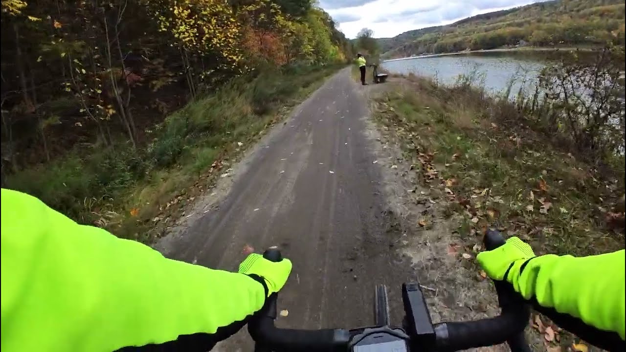 Fall foliage bike ride: Armstrong Trail south of Brady Tunnel, with river view on the right