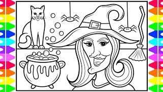 How to Draw a HALLOWEEN WITCH for Kids 🎃👻🕷💜💚Halloween Witch Drawing and Coloring Pages for Kids