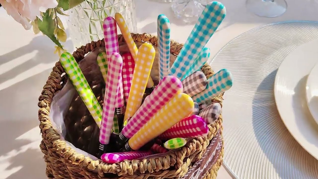 EXZACT Cutlery Set 24pcs Stainless Steel with Gingham Check Coloured Handles