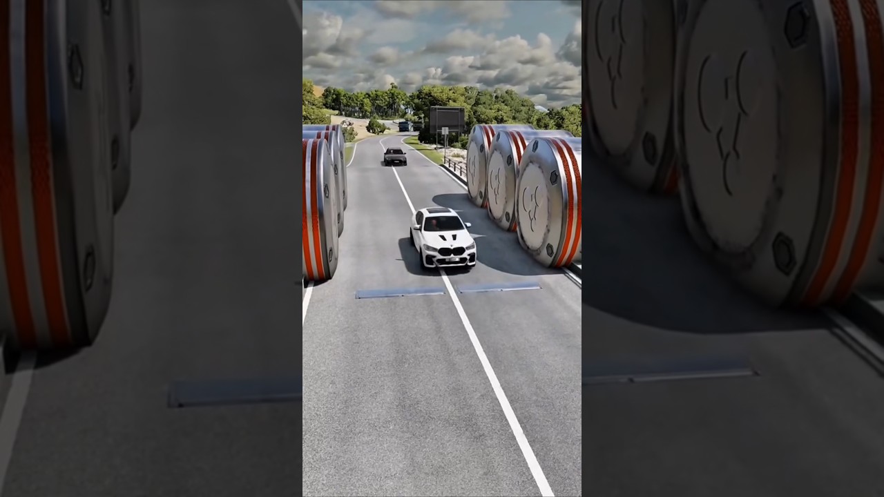 Cars & Ambulance Van vs Giant Pit Bollards Crash - BeamNG.drive