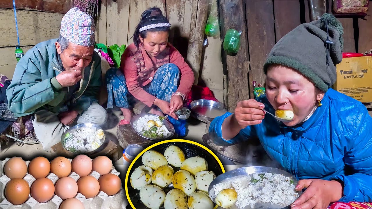 Boiled Egg fry with rice cooking & eating अण्डा, साग र दाल संग भात खाइयो Rural Village food cooking