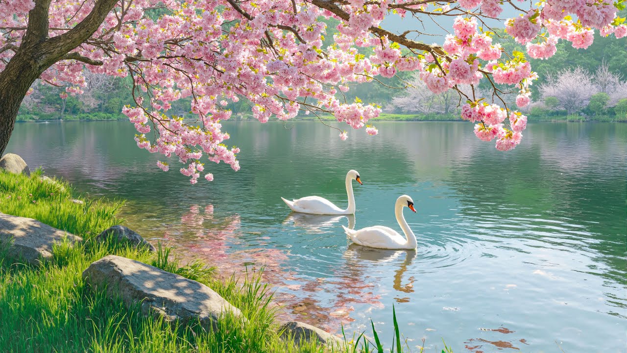 Спокойное весеннее озеро 🦢 Цветущая сакура, лебеди и нежная музыка фортепиано для успокоения ума 🌸🍃