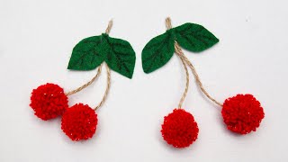 Yarn cherries  🍒 How to Make Yarn Cherry 🍒 Easy Pom Pom Cherry Making Idea with Fork 🍒 DIY Crafts