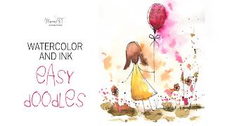 Watercolor and ink doodles; Girl with the balloon; Card idea
