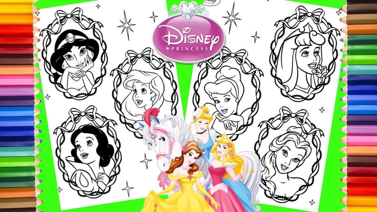 Coloring Princess Belle Jasmine Cinderella Aurora Ariel Snow White ...