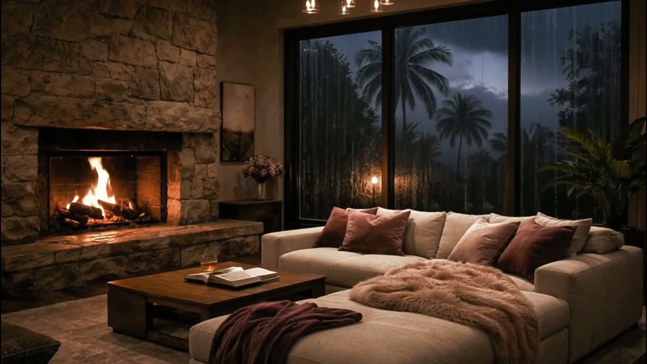 Cozy Living Room + Fireplace | Tropical Storm Rain & Thunder Ambience | Relax or Sleep (7 Hours)