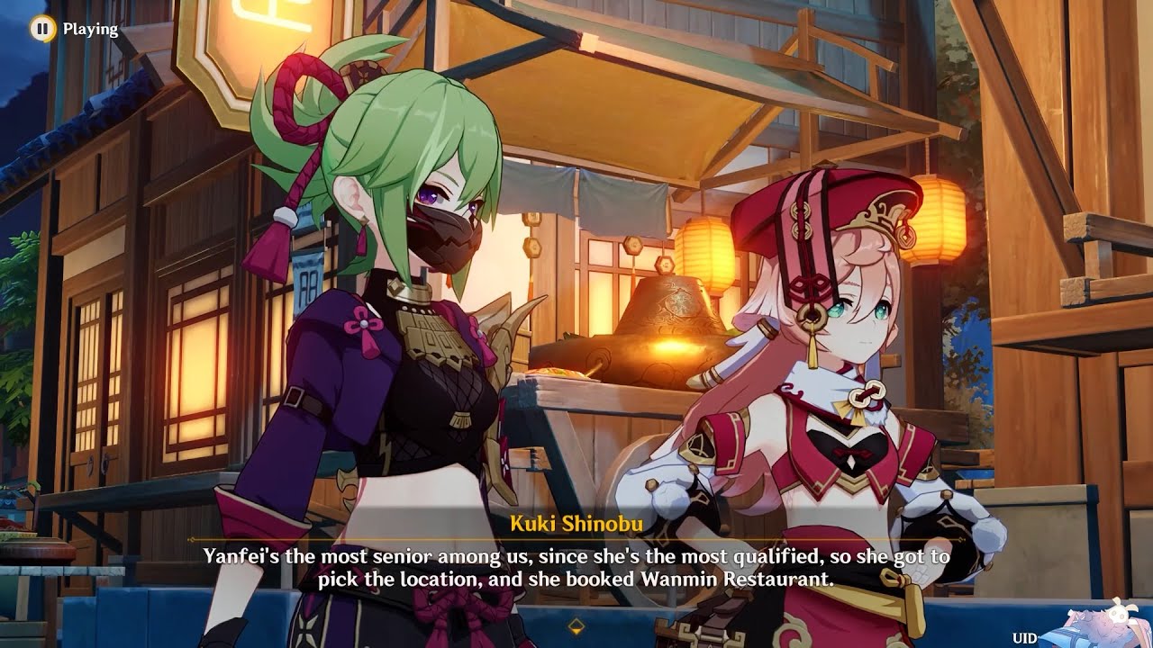 Shinobu and Yanfei meet the Traveler at the Wanmin Restaurant