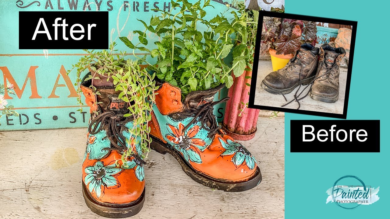 Trashed Work Boots into Garden Art - How to paint Flowers #summerdecor ...