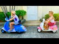 Mili and stacy pretend play with ride on cars toy part 2