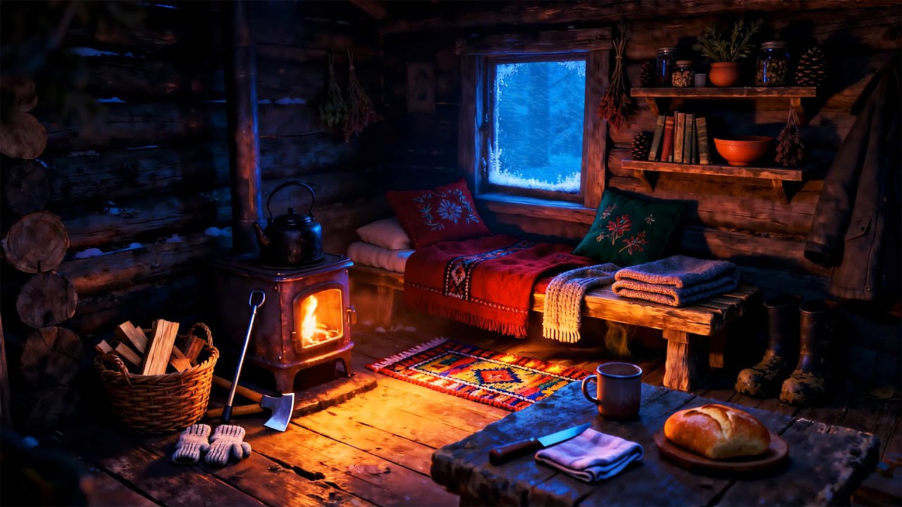 Я спасся от метели… Ночь в укромном зимнем домике 🌨️🔥 Потрескивание печи и глубокий сон