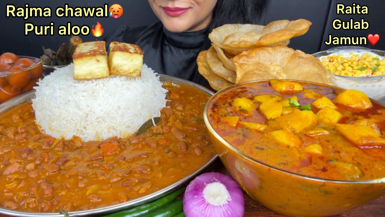ASMR EATING PURI ALOO SABZI,RAJMA CHAWAL,GULABJAMUN,RAITA FOOD VIDEOS