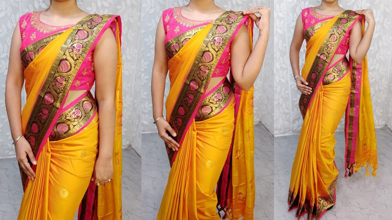 BORDER SAREE DRAPING WITH ONLY USING ONE SAFETY PIN PERFECTLYBORDER