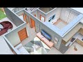 Planta de Casa 3D para Sítio com dois Quartos  e Cozinha americana