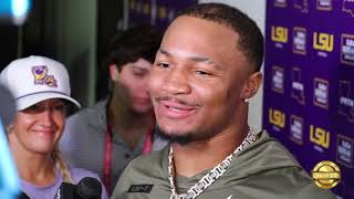 LSU RB Caden Durham reacts to LSU win over Arkansas