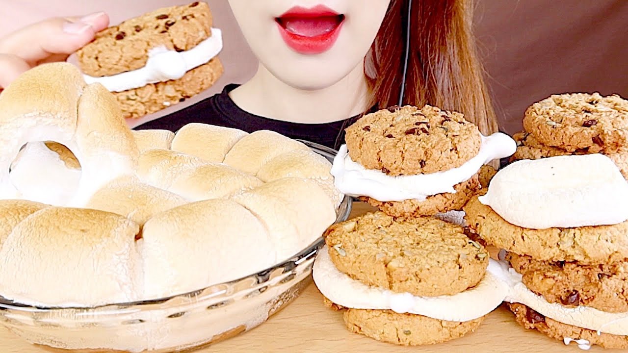 ASMR S'MORES DIP, MARSHMALLOW COOKIE MUKBANG 스모어 딥, 마시멜로우 쿠키 먹방 eating ...