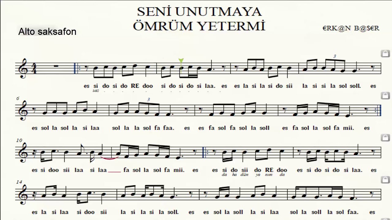 Seni Unutmaya Omrum Yetermi Alto Saksafon Notalari Eslikli Altyapili Youtube