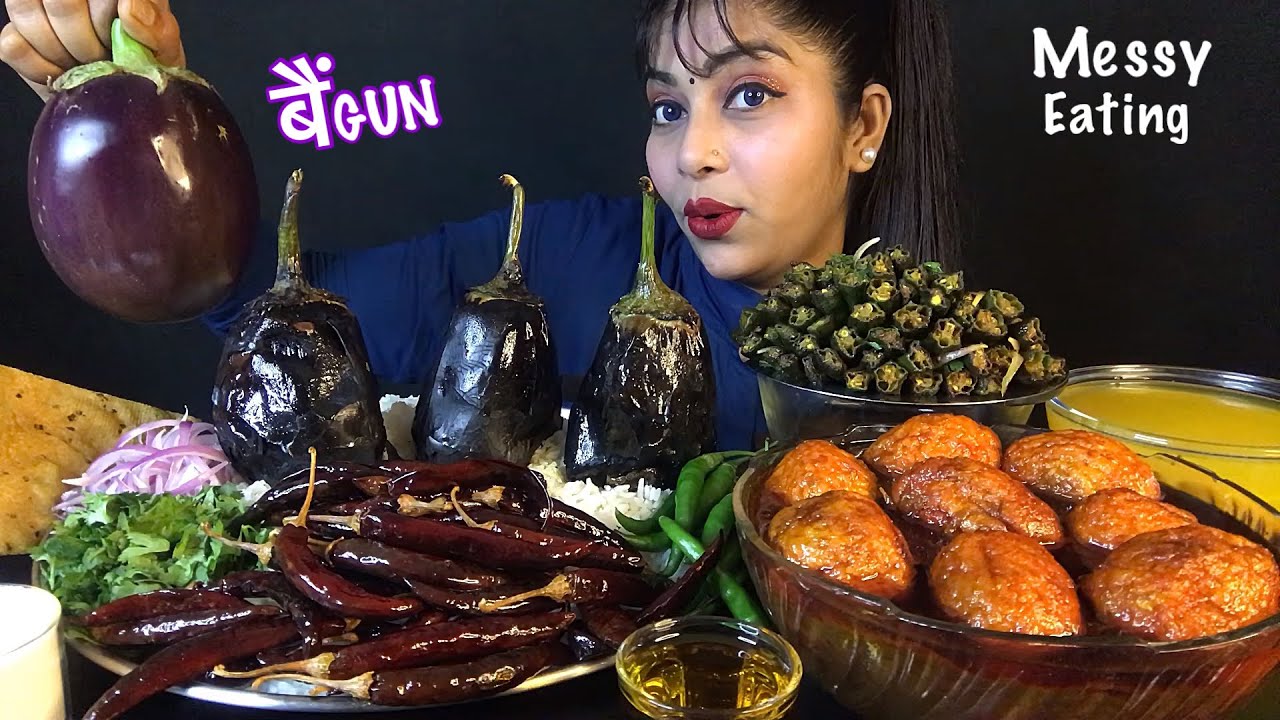EATING BAINGAN BHARTA BHAT DAL SPICY EGG CURRY BHINDI FRY WITH PAPAD | BIG BITES | ASMR EATING SHOW