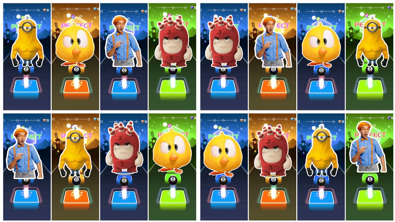 Minions All video megamix  VS Where's Chicky VS Blippi VS Oddbods Fuse  - Tiles Hop EDM Rush