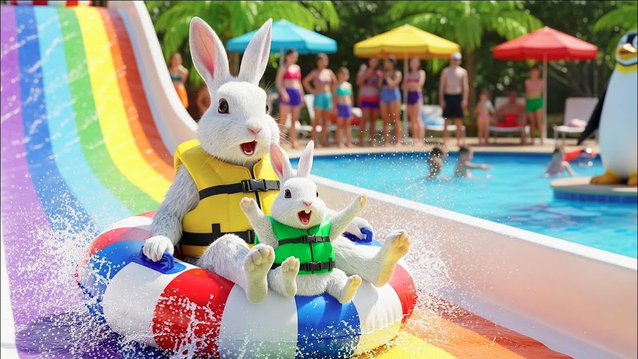 Mama Rabbit Teaches Bunny to Swim, A Fun-Filled Day at the Water Park! 🐇💦🌊#rabbit #bunny