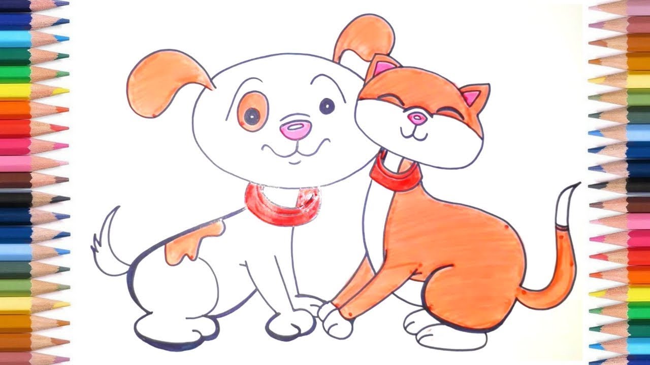 How To Draw A Cute Cat And Dog Together Easy Kids Drawing Videos Youtube