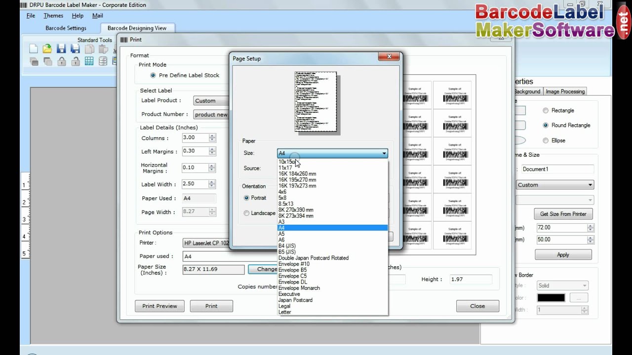 How to adjust Pre Define settings for printing barcode labels on different sheets