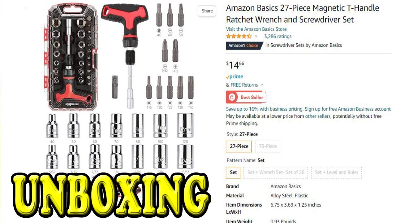 Amazon Basics 27 Piece Magnetic T Handle Ratchet Wrench and