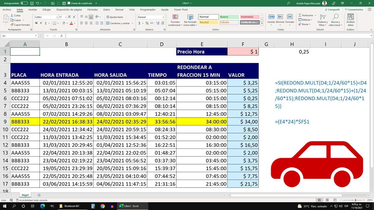 Calcular el Tiempo y el Valor a Pagar de un Vehículo en un