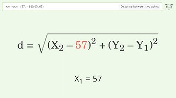 Find the distance between two points p1 (57,-14) and p2 (65,65): Step-by-Step Video Solution