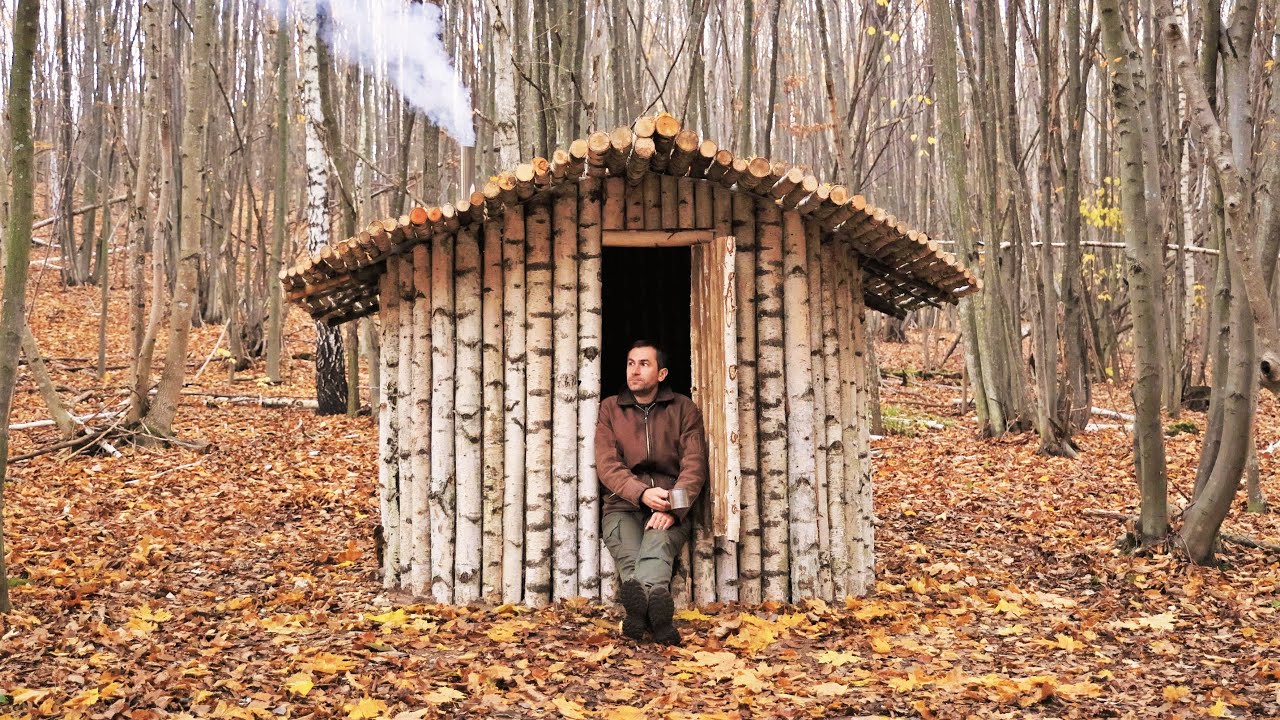 Building Warm Cozy Bushcraft Survival Shelter, Hanging Wood Stove