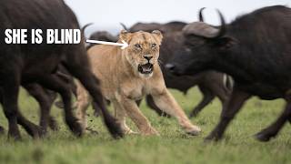 Blind Lioness Lose Her Pride And Got Lost Between Buffalo Herd!!