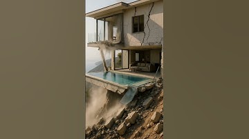 A luxury cliffside villa collapses into the valley — nothing left but dust and debris.