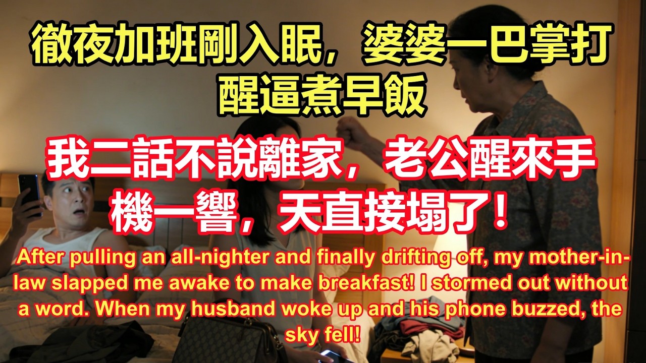 徹夜加班剛入眠，婆婆一巴掌打醒逼煮早飯！我二話不說離家，老公醒來手機一響，天直接塌了！ #故事分享 #情感故事 #老年故事 #故事#情感需求#一口氣看完#爽文