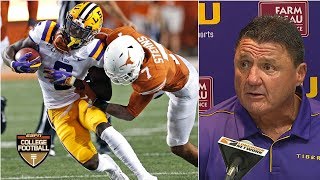 Ed orgeron says "what a game" to start his press conference after lsu
edged out texas in week 2. was having problems stopping so he gi...