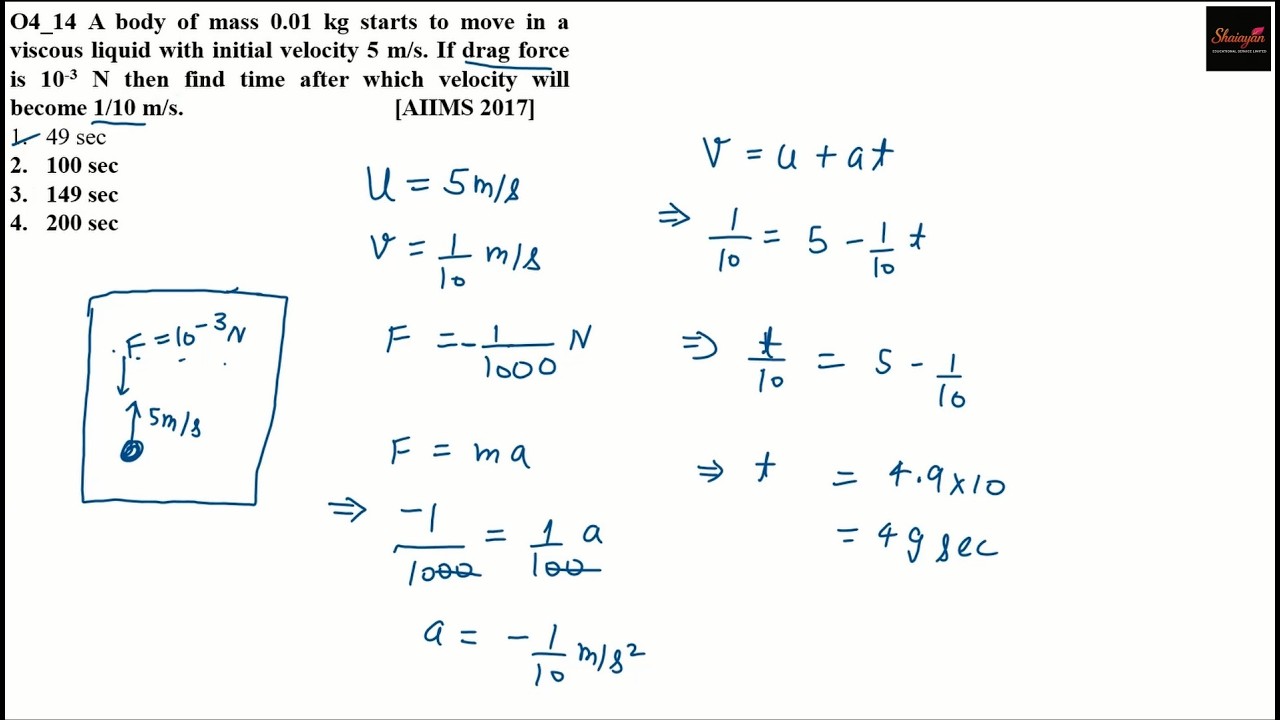A body of mass 0.01 kg starts to move in a viscous liquid with initial velocity 5 m/s. #neet #jee