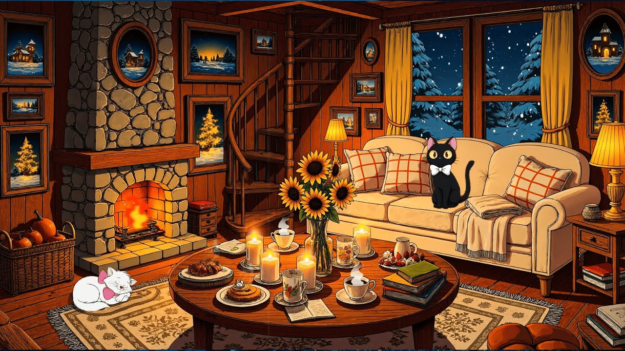 vintage jazz on a rainy 1940s night | oldies playing in another room and crackling fireplace