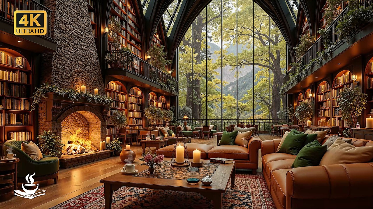 Candlelit Library Jazz with Rainy Panorama | Reading Atmosphere, Deep Work & Calm Focus